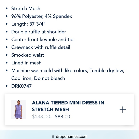 Draper James Alana Tiered Mini Dress in Stretch Mesh sz Small NWT - Picture 5 of 6